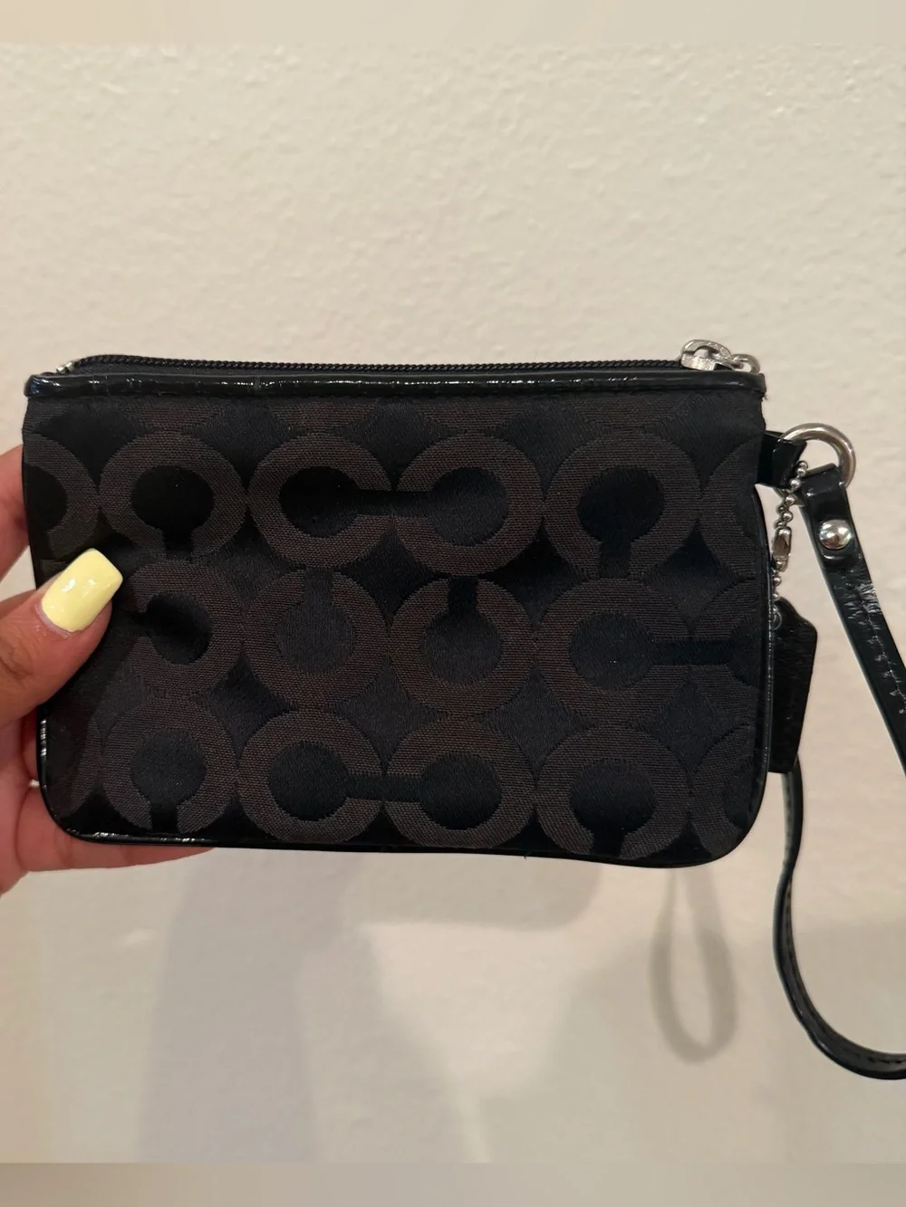 Coach Black Signature Zip Wristlet with Patent Trim